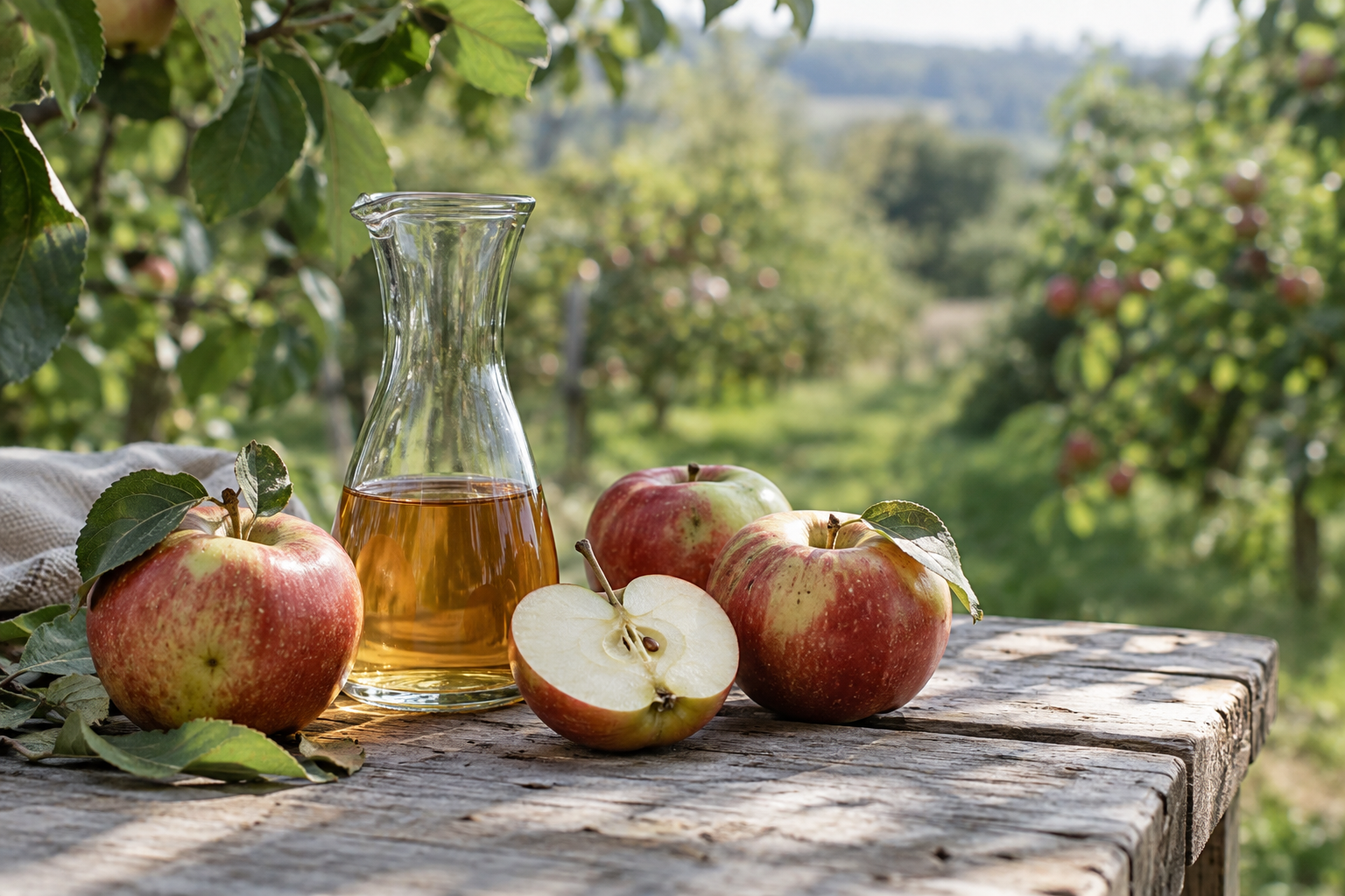 Composição editorial de maçãs e vinagre em uma mesa de madeira junto a um pomar